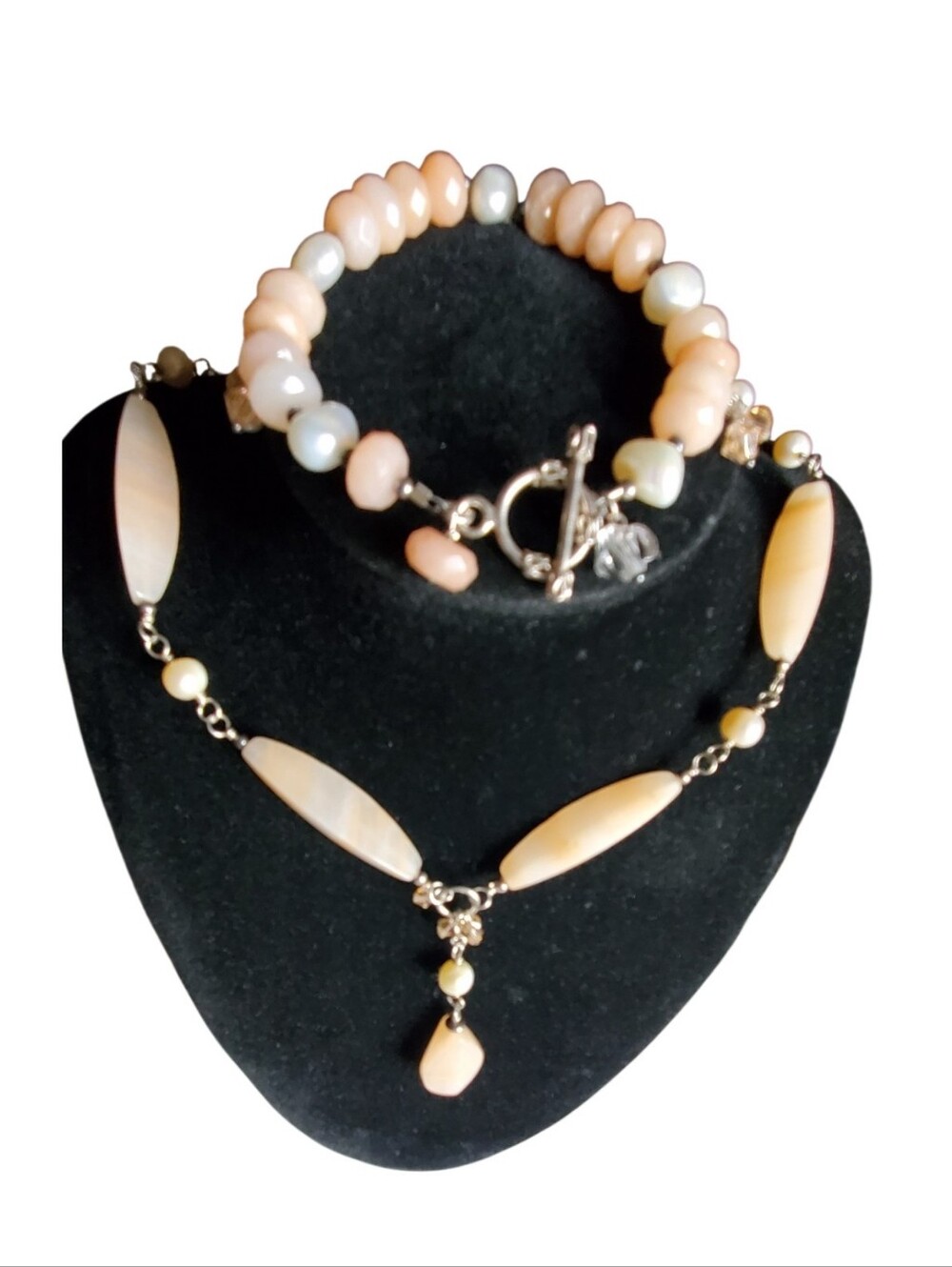 Vintage Sterling Silver Beautiful Pink Opal Necklace & Bracelet Set
